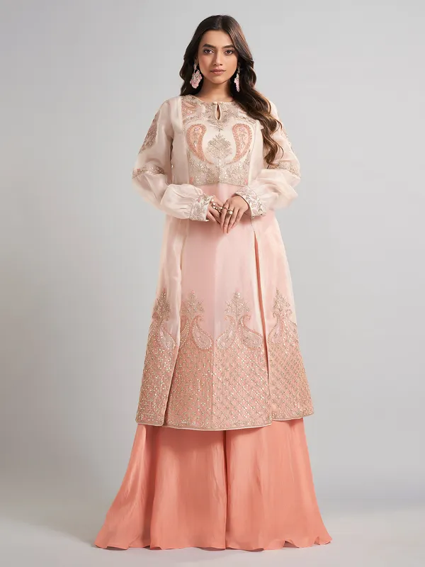 Cream designer pakistani tissue and satin silk palazzo suit