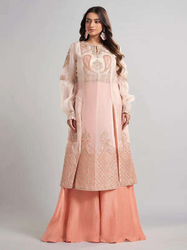 Cream designer pakistani tissue and satin silk palazzo suit