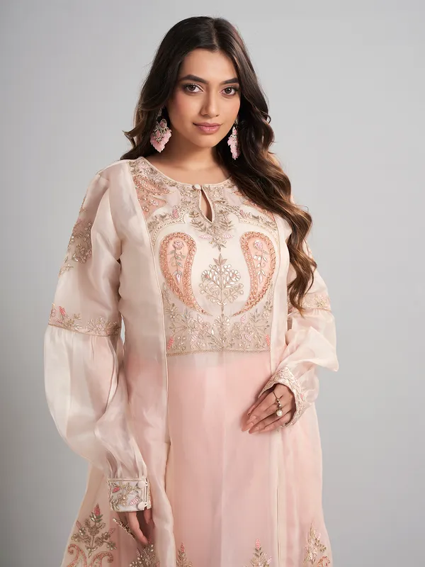 Cream designer pakistani tissue and satin silk palazzo suit
