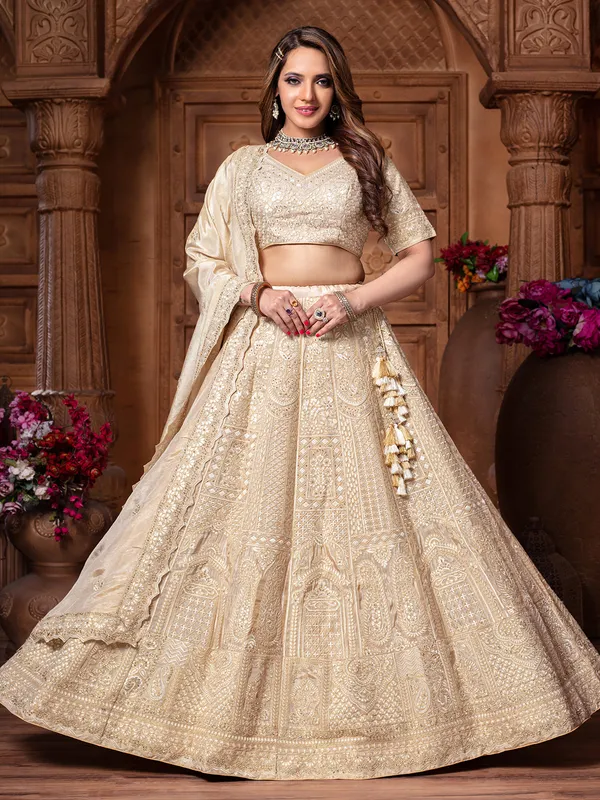 Cream diamond work tissue silk lehenga choli