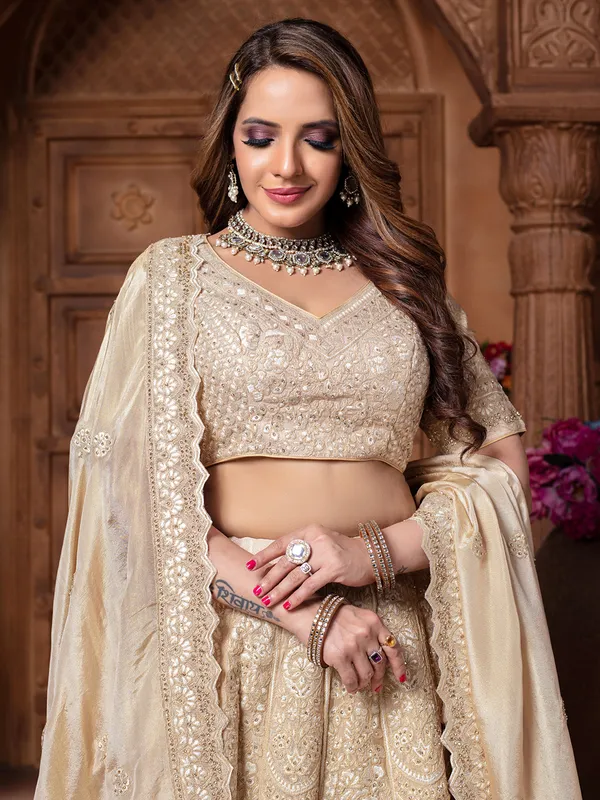 Cream diamond work tissue silk lehenga choli