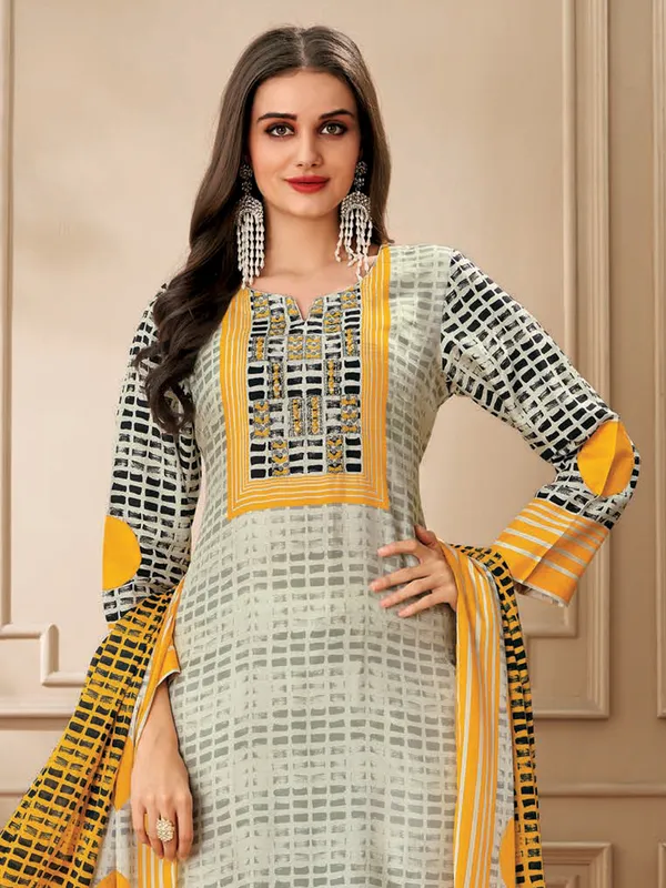 Cream dola silk festive wear printed salwar suit