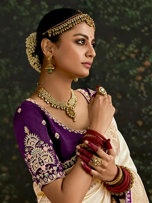 Cream dola silk wedding wear saree for women