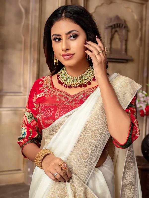 Cream dola silk zari weaving saree
