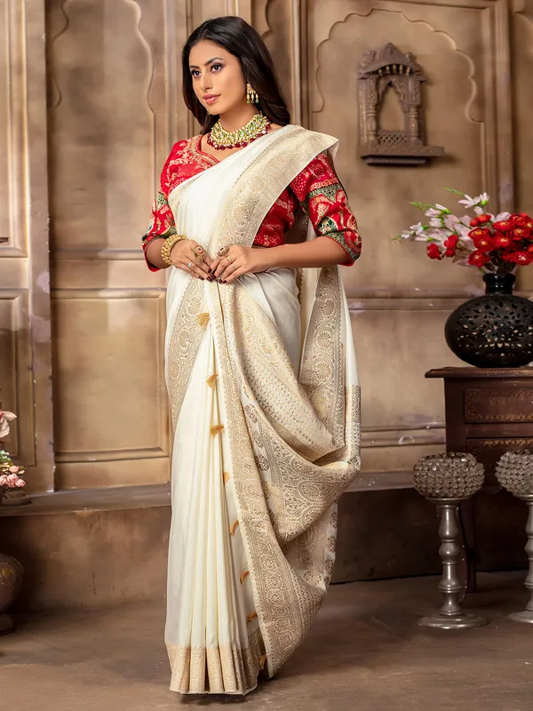 Cream dola silk zari weaving saree