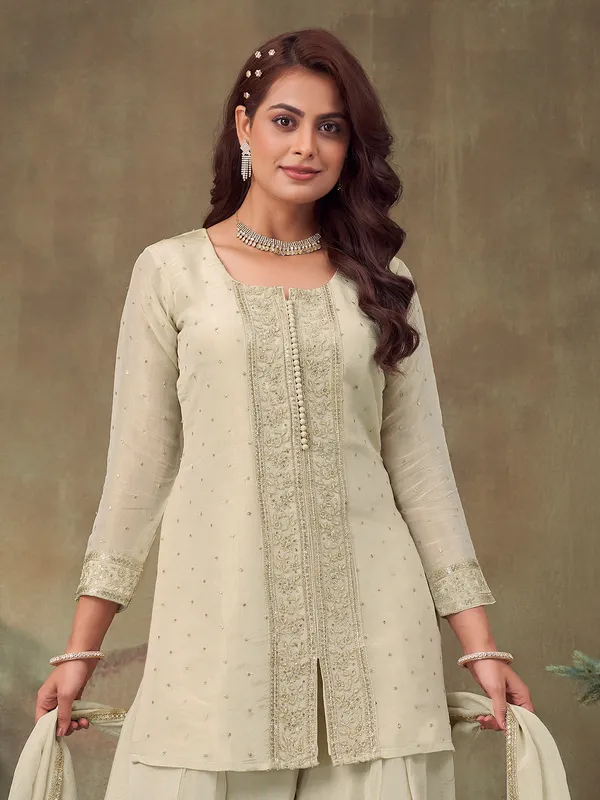 Cream embellished palazzo suit in silk
