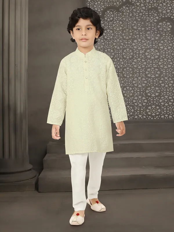 Cream embroidered cotton silk festive kurta suit