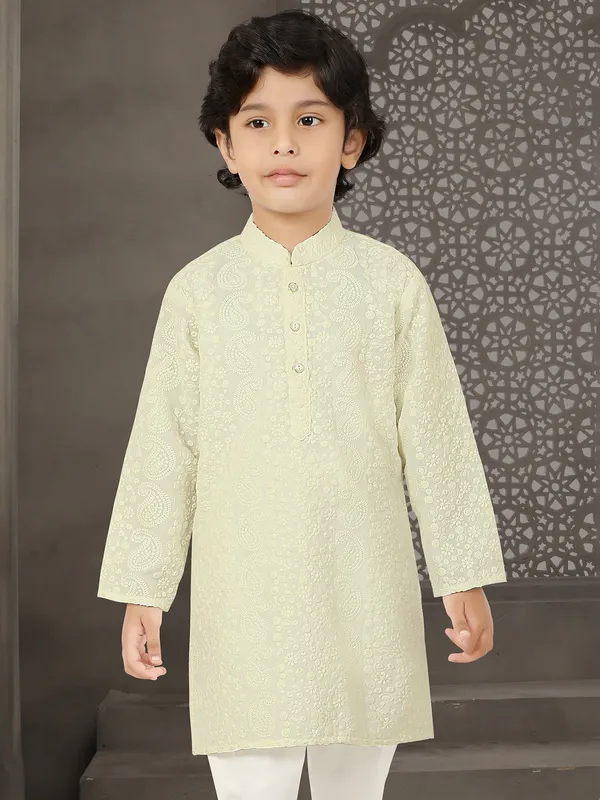 Cream embroidered cotton silk festive kurta suit