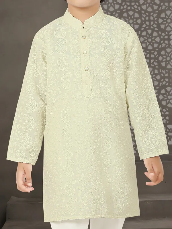 Cream embroidered cotton silk festive kurta suit