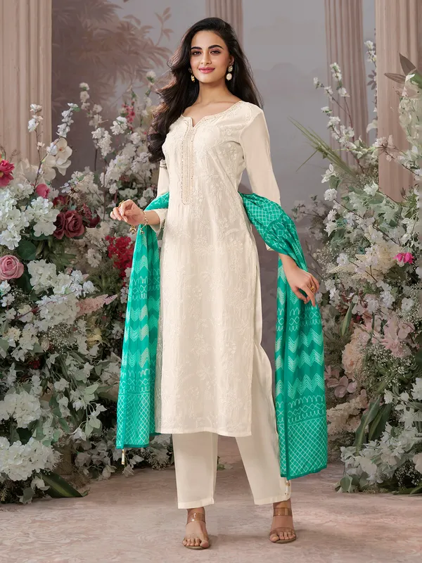 Cream embroidered cotton silk kurti set with green dupatta
