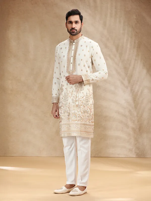 Cream embroidered georgette kurta pajama