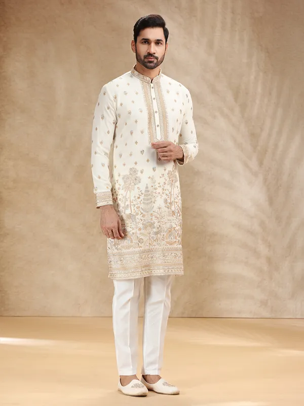 Cream embroidered georgette kurta pajama
