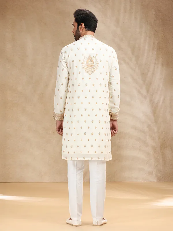 Cream embroidered georgette kurta pajama
