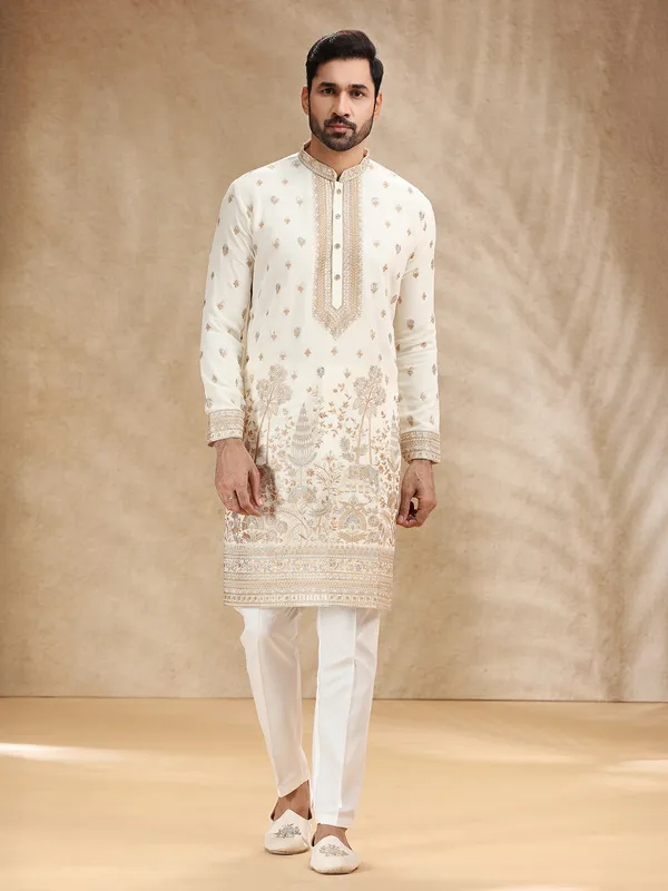 Cream embroidered georgette kurta pajama