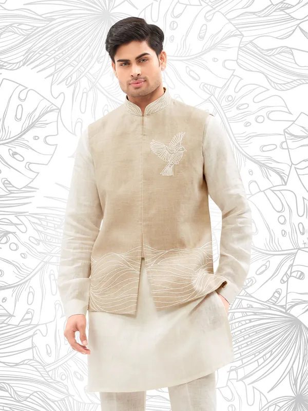 Cream embroidered waistcoat set for men