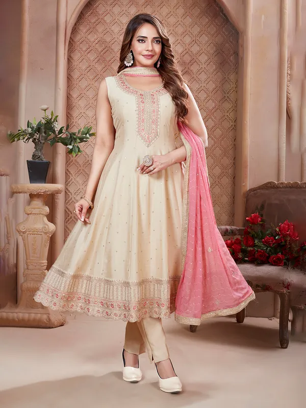 Cream embroidered wedding silk salwar suit