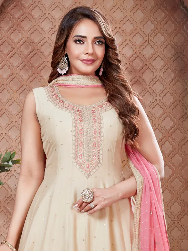 Cream embroidered wedding silk salwar suit