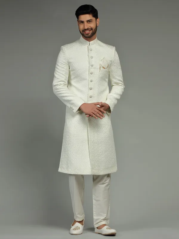 Cream embroidery groom sherwani