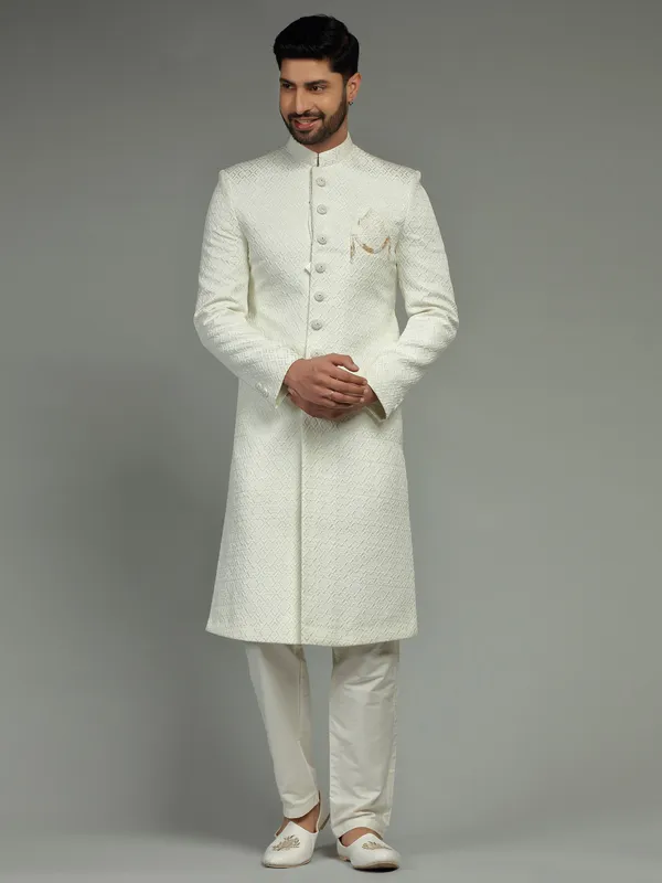Cream embroidery groom sherwani
