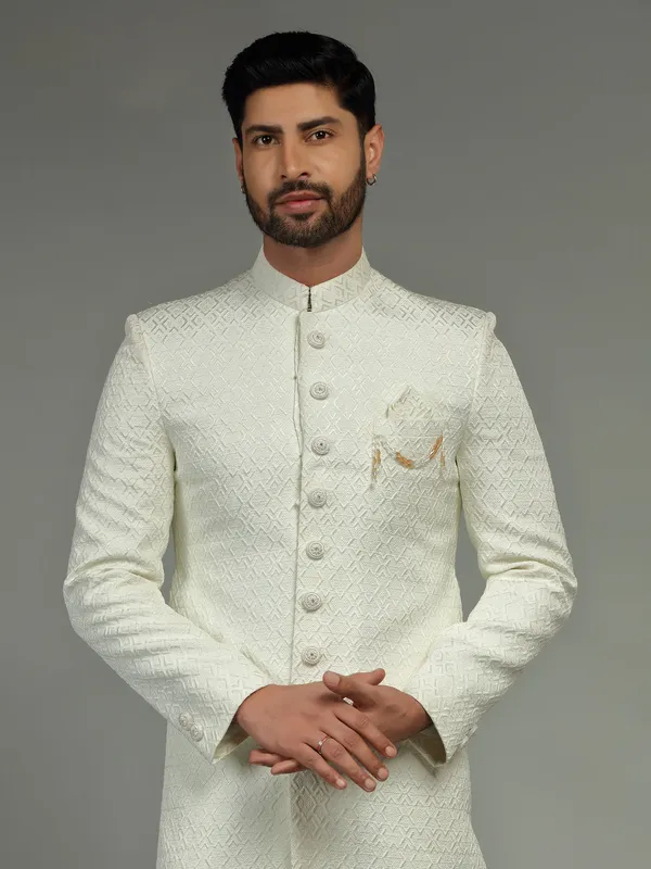 Cream embroidery groom sherwani