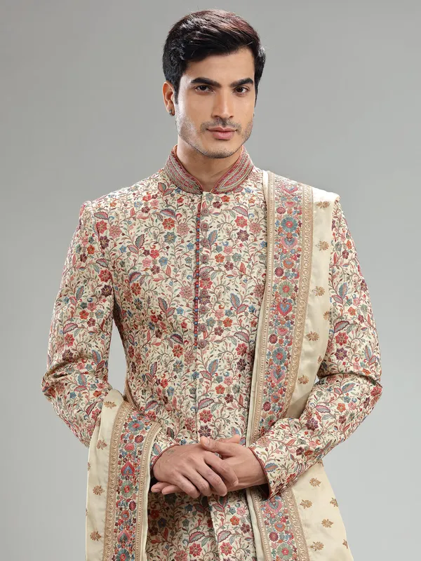 Cream embroidery sherwani for groom