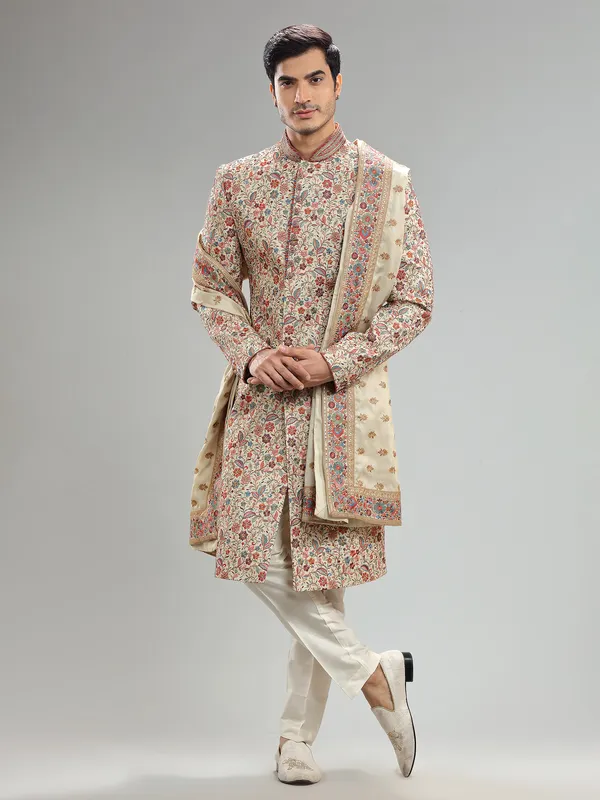 Cream embroidery sherwani for groom