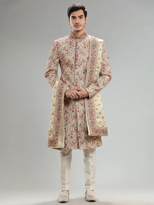 Cream embroidery sherwani for groom