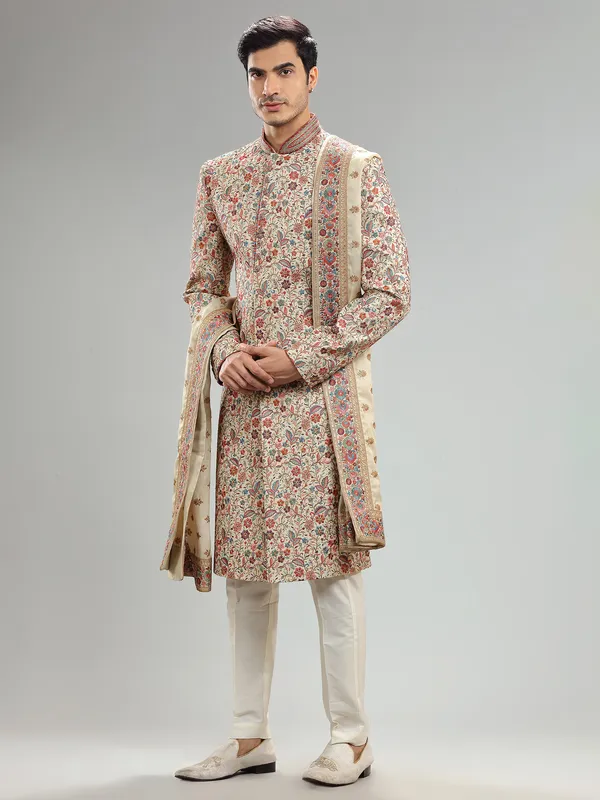 Cream embroidery sherwani for groom