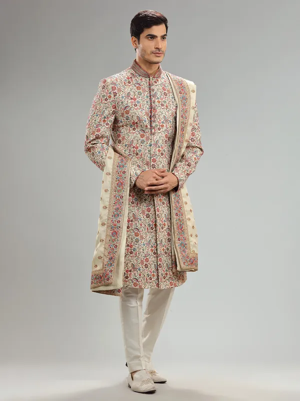 Cream embroidery sherwani for groom