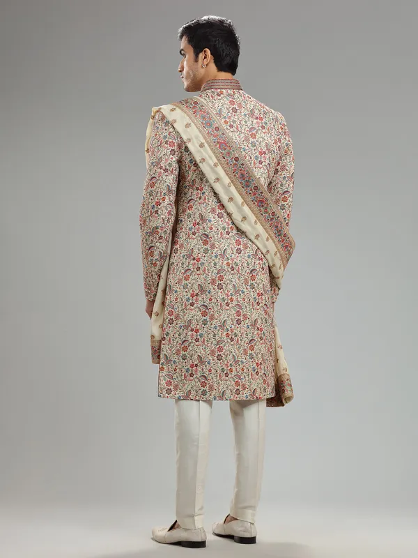 Cream embroidery sherwani for groom