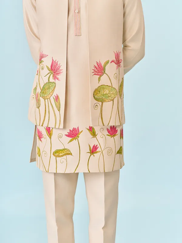 Cream exquisite lotus flower hand printed kurta jacket set