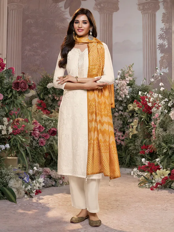 Cream festive cotton silk kurti set with brown dupatta