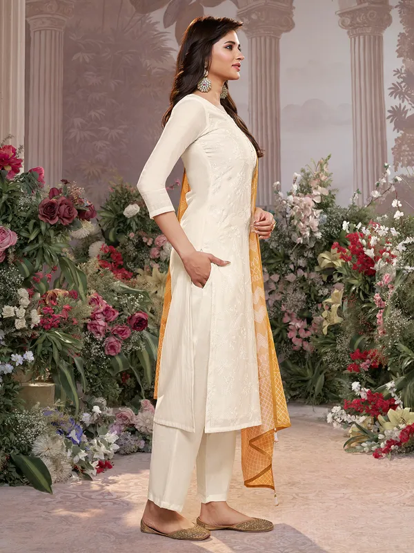 Cream festive cotton silk kurti set with brown dupatta