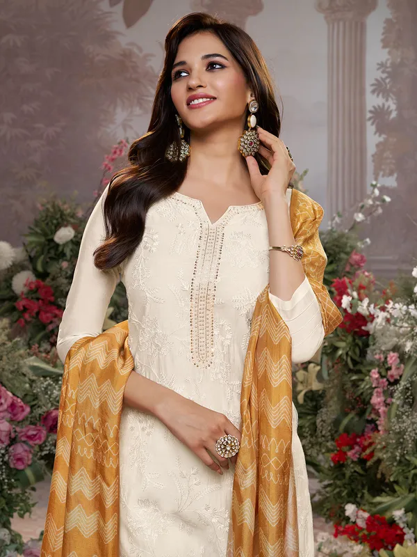 Cream festive cotton silk kurti set with brown dupatta