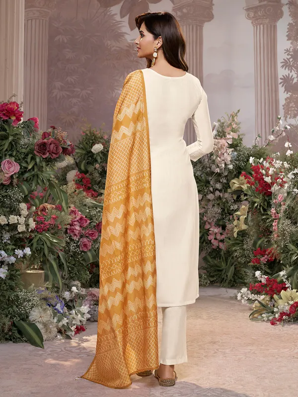 Cream festive cotton silk kurti set with brown dupatta