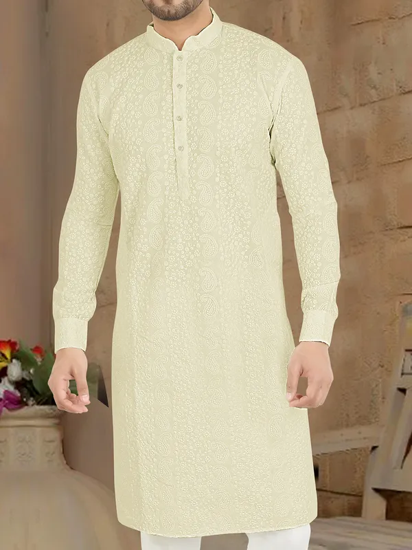Cream festive mens kurta suit with chinese collar