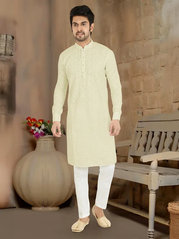 Cream festive mens kurta suit with chinese collar