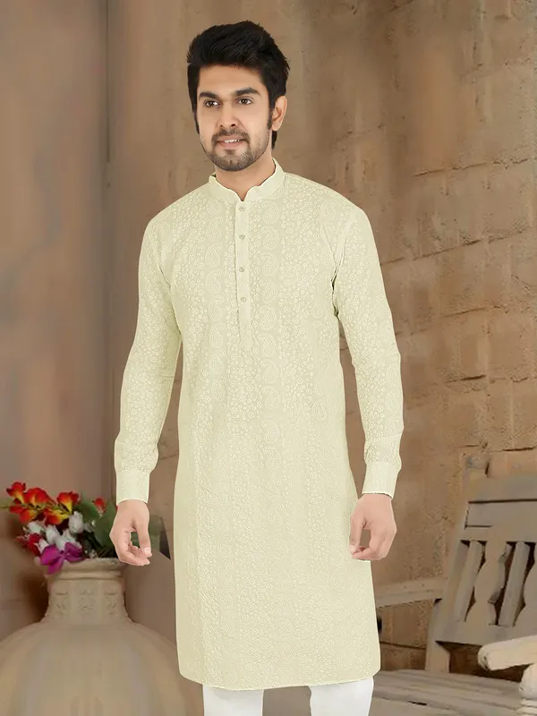 Cream festive mens kurta suit with chinese collar