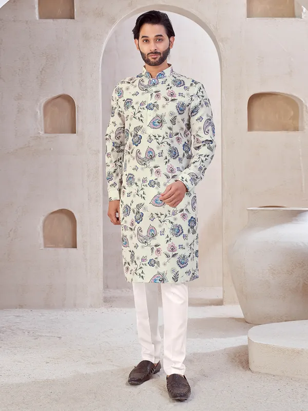 Cream festive wear cotton printed kurta suit
