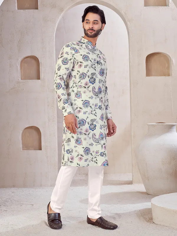Cream festive wear cotton printed kurta suit