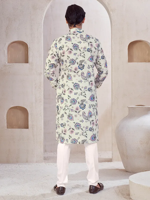 Cream festive wear cotton printed kurta suit