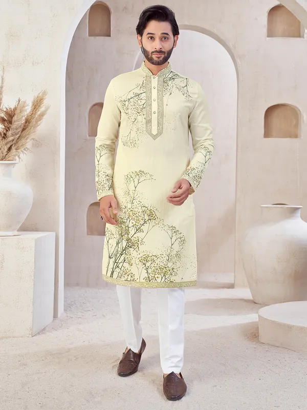 Cream festive wear men cotton kurta suit
