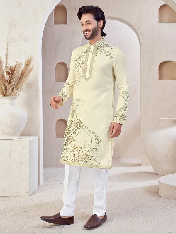 Cream festive wear men cotton kurta suit