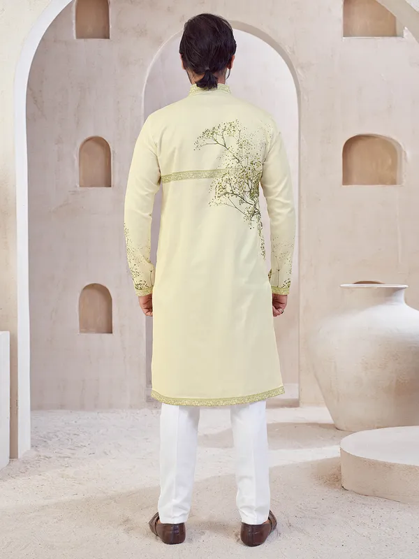 Cream festive wear men cotton kurta suit