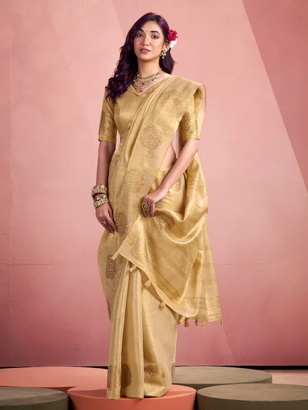 Cream festive wear saree in tissue silk