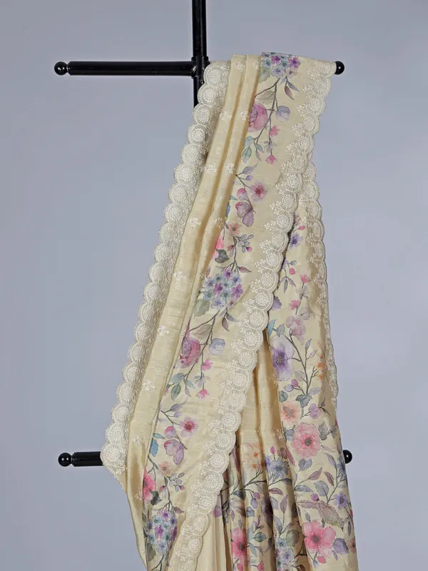 Cream floral art silk saree with embroidery and resham work