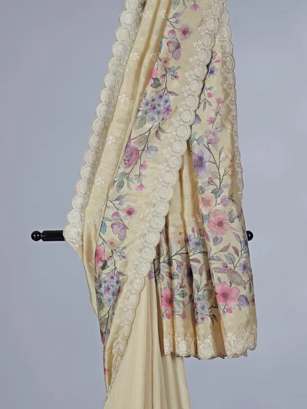 Cream floral art silk saree with embroidery and resham work