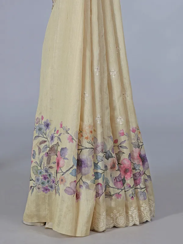 Cream floral art silk saree with embroidery and resham work