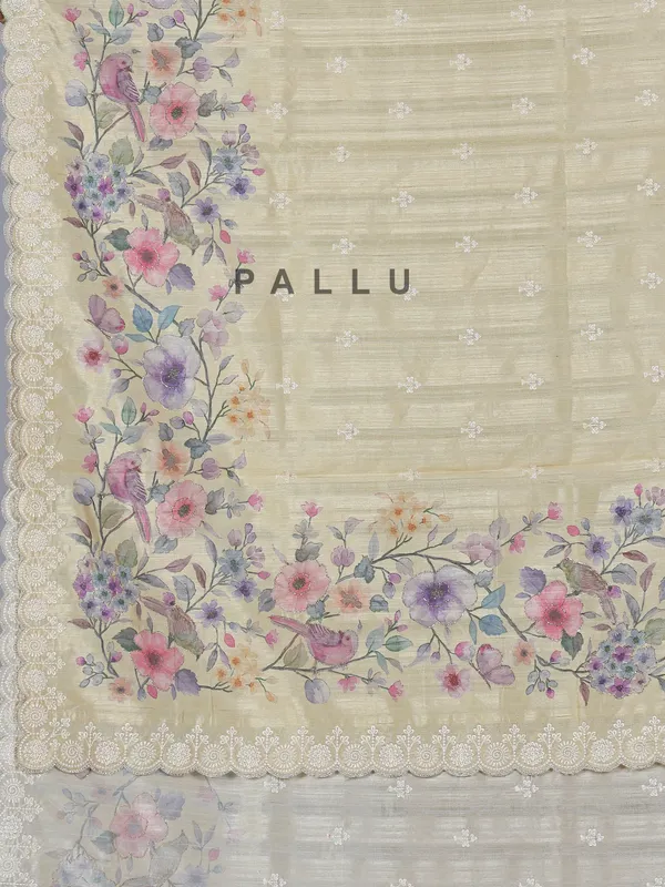 Cream floral art silk saree with embroidery and resham work