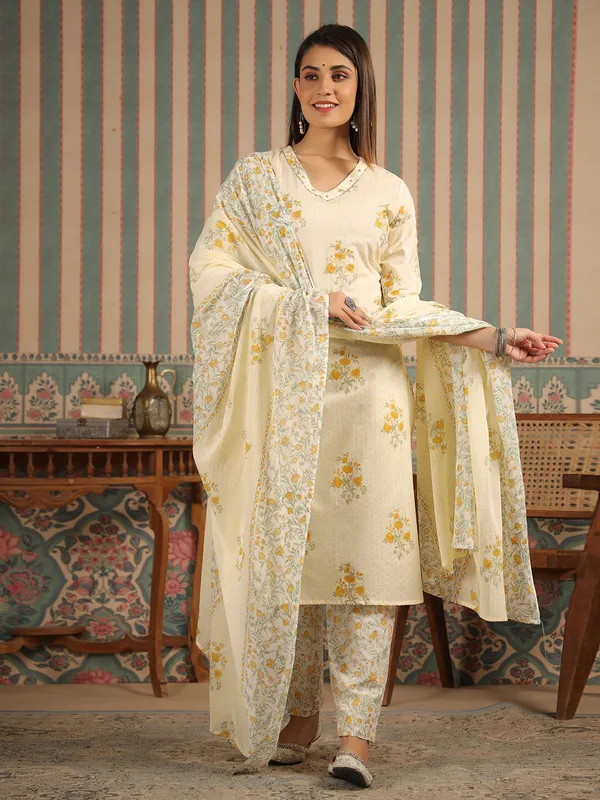 Cream floral print cotton kurti set